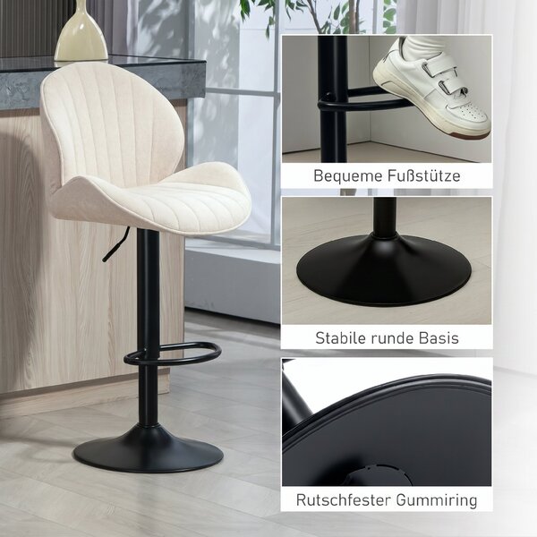 HOMCOM Set de 2 Scaune de Bar cu Suport pentru Picioare, din Țesătură cu Efect de Cinilie, 48x50x94-115 cm, Negru și Bej | Aosom Romania