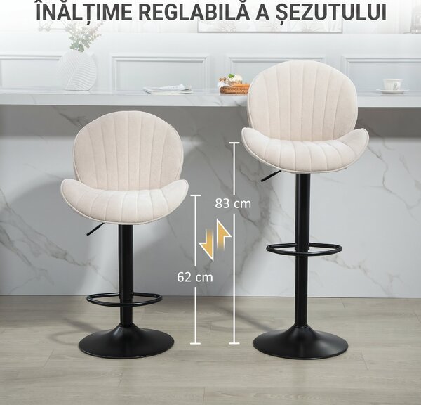 HOMCOM Set de 2 Scaune de Bar cu Suport pentru Picioare, din Țesătură cu Efect de Cinilie, 48x50x94-115 cm, Negru și Bej | Aosom Romania