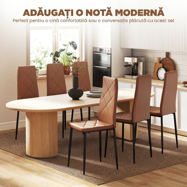 HOMCOM Set de 6 Scaune de Dining Moderne cu Spătar Înalt, din Piele Ecologică și Oțel, 41x50x97 cm, Maro | Aosom Romania