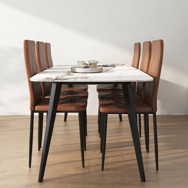 HOMCOM Set de 6 Scaune de Dining Moderne cu Spătar Înalt, din Piele Ecologică și Oțel, 41x50x97 cm, Maro | Aosom Romania