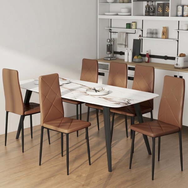 HOMCOM Set de 6 Scaune de Dining Moderne cu Spătar Înalt, din Piele Ecologică și Oțel, 41x50x97 cm, Maro | Aosom Romania