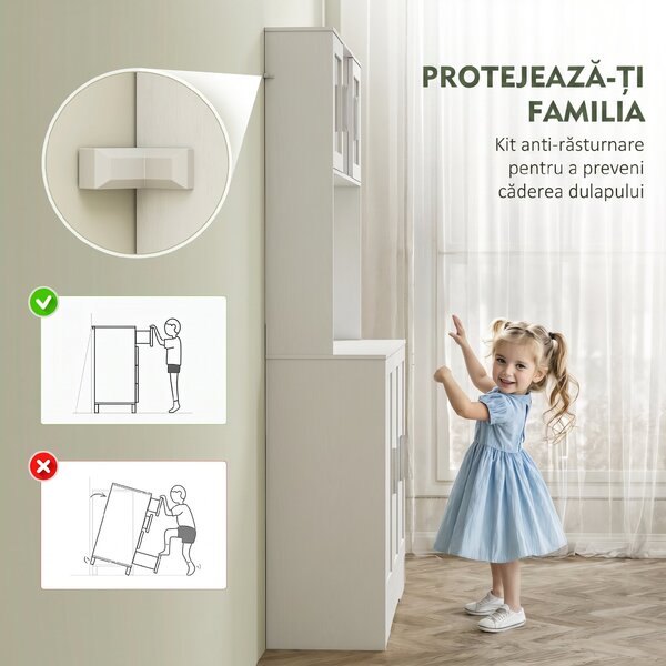 HOMCOM Dulap Bucătărie de 180cm, Dulap Înalt cu 4 Compartimente, Uși din Sticlă Securizată, 2 Rafturi Deschise, Rafturi Reglabile, Blat pentru Electrocasnice, pentru Bucătărie sau Living, Alb | Aosom Romania