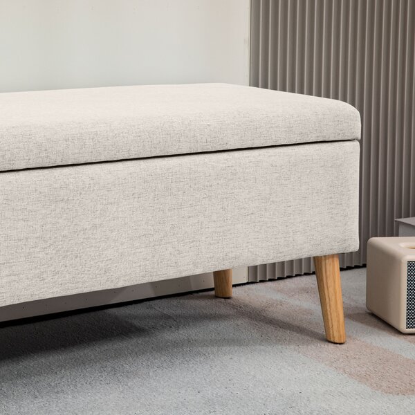 HOMCOM bancă cu spațiu de depozitare 110 x 39 x 45 cm din material cu aspect de in, picioare din lemn de cauciuc, capacitate 220 kg, bej | Aosom Romania