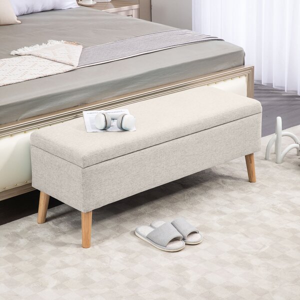 HOMCOM bancă cu spațiu de depozitare 110 x 39 x 45 cm din material cu aspect de in, picioare din lemn de cauciuc, capacitate 220 kg, bej | Aosom Romania