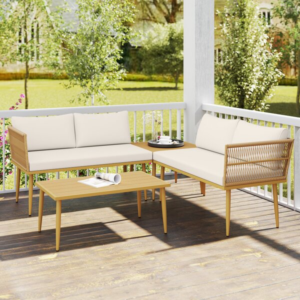 Outsunny Set Mobilier de Grădină din 4 Piese cu 2 Canapele și 2 Măsuțe de Cafea, 116x65x70 cm, Alb Crem | Aosom Romania