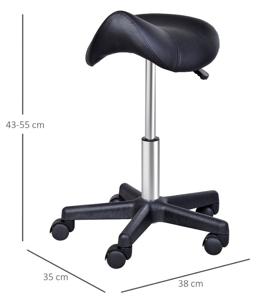 HOMCOM Scaun Rotativ cu Roți, Scaun pentru Coafor și Estetician cu Înălțime Ajustabilă, Tapițat cu Piele Ecologică, 35x38x43-55 cm, Negru