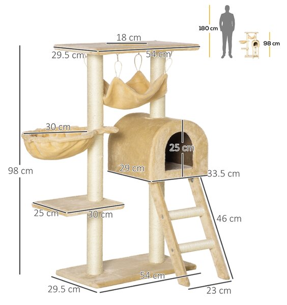 PawHut Arbore Zgâriat Multinivel pentru Pisici cu Hamac Casuță Frânghii Sisal Bej 98cm Înălțime | Aosom Romania