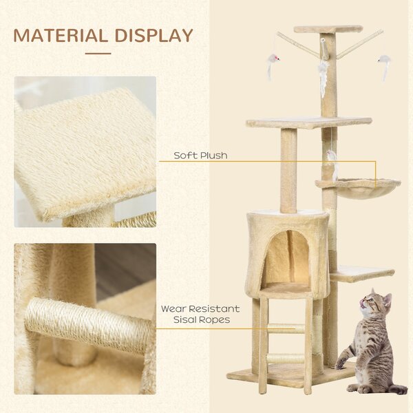 Copac Ascutit Unghii PawHut cu Cusca pentru Pisici in Lemn Sisal Natural, Bej, 40x30x131cm | Aosom Romania