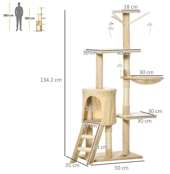 Copac Ascutit Unghii PawHut cu Cusca pentru Pisici in Lemn Sisal Natural, Bej, 40x30x131cm | Aosom Romania