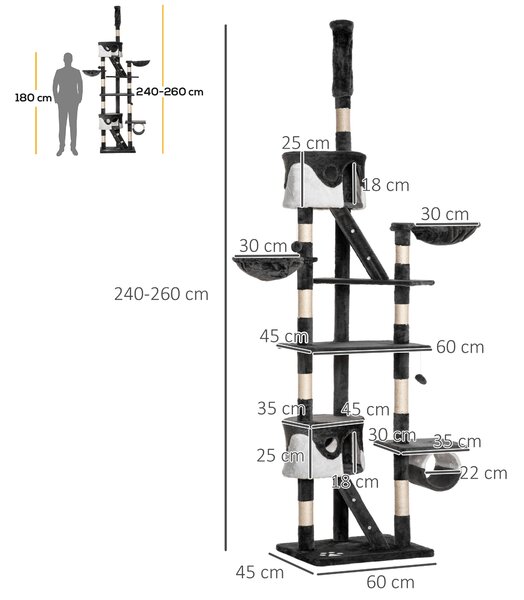 PawHut Stâlp Multifuncțional de Zgâriat cu Pod, Scări și Frânghii Sisal, 60x45x240-260cm, Gri și Alb | Aosom Romania