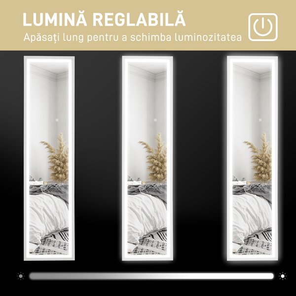 HOMCOM Oglindă Iluminată cu Lumini LED Reglabile și Buton Tactil, din Sticlă și MDF, 40x5x160 cm, Alb | Aosom Romania