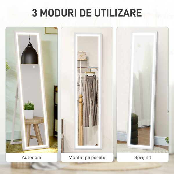 HOMCOM Oglindă Iluminată cu Lumini LED Reglabile și Buton Tactil, din Sticlă și MDF, 40x5x160 cm, Alb | Aosom Romania