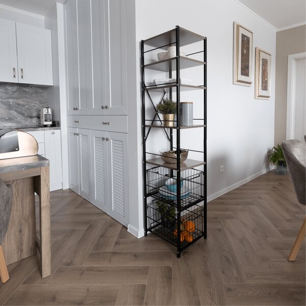 KONDELA Etajeră cu 5 rânduri cu 2 coşuri, negru/natural, RATTO