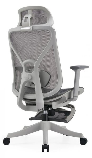 Scaun ergonomic DORO-HG-MF, pivotant, suport lombar 2D, tetiera 2D, cotiera 3D, suport picioare, reglare pe inaltime, mecanism inclinare/blocare in 3 pozitii, Mesh, Gri