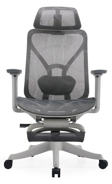 Scaun ergonomic DORO-HG-MF, pivotant, suport lombar 2D, tetiera 2D, cotiera 3D, suport picioare, reglare pe inaltime, mecanism inclinare/blocare in 3 pozitii, Mesh, Gri