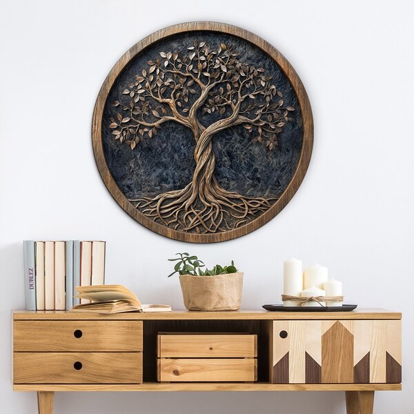 DUBLEZ | Tablou rustic din lemn - Arborele vieții și înțelepciunea | Imprimare UV premium