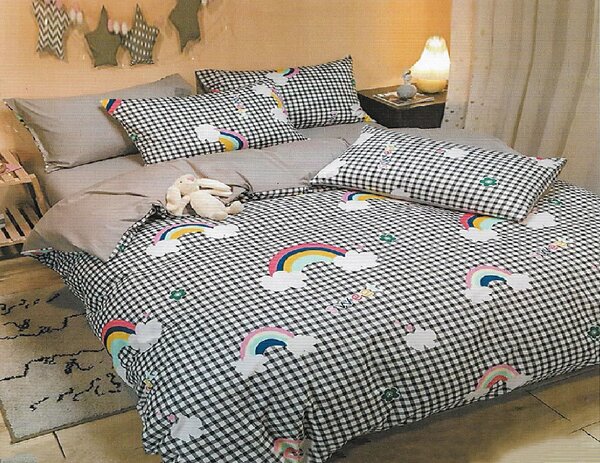 Lenjerie de pat pentru o persoana cu husa elastic pat si fata perna dreptunghiulara, Little Rainbow, bumbac ranforce, gramaj tesatura 120 g mp, multicolor