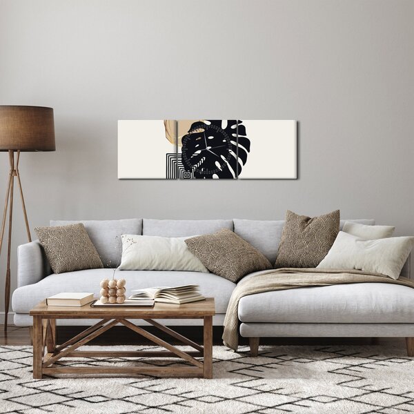 Tablou - Abstracție cu frunze tropicale N⁰2 (cu ceas) (90x30 cm)
