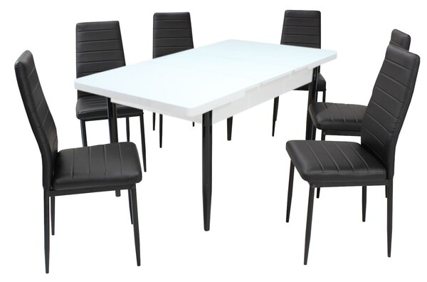 Set masă extensibilă Albă cu 6 scaune Oscar Negru Piele Ecologică