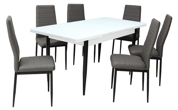 Set masă extensibilă Albă cu 6 scaune Oscar Gri Piele Ecologică