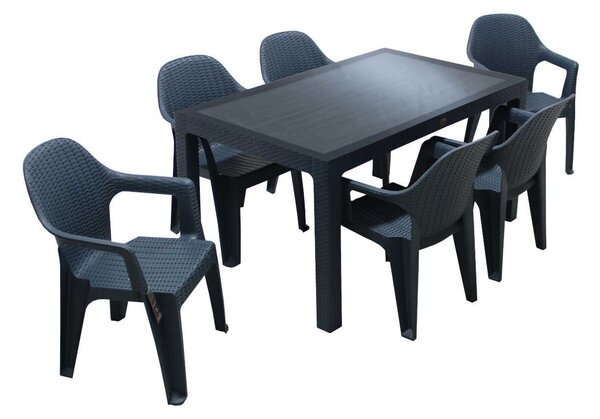 Set masă grădină Polo cu Geam tip ratan 90x150 cu 6 scaune