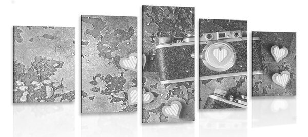 Tablou 5-piese camera foto retro în design alb-negru