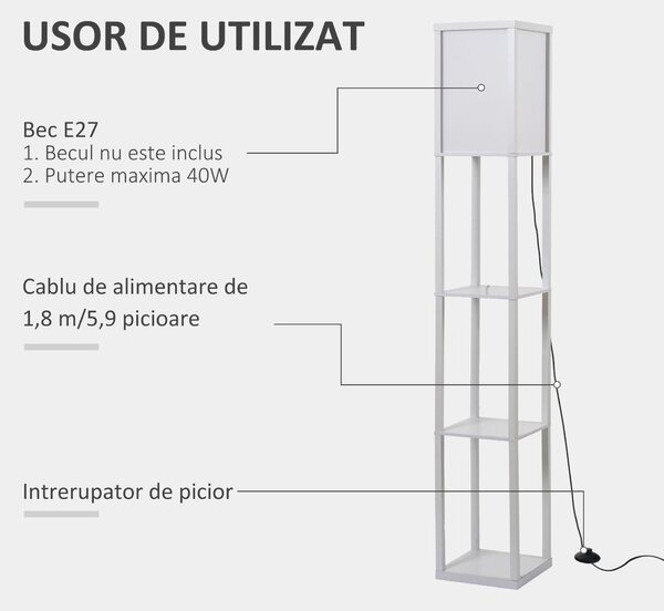 Lampa de Podea HOMCOM cu 3 Polite Integrate, Cuplare E27 Putere 40W, MDF, 26x26x160cm, Alb | Aosom Romania
