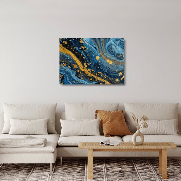 Tablou pe sticlă - Abstracție albastră cu aur (70x50 cm)