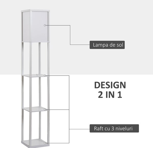 Lampa de Podea HOMCOM cu 3 Polite Integrate, Cuplare E27 Putere 40W, MDF, 26x26x160cm, Alb | Aosom Romania