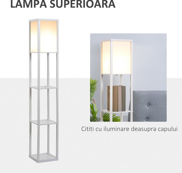 Lampa de Podea HOMCOM cu 3 Polite Integrate, Cuplare E27 Putere 40W, MDF, 26x26x160cm, Alb | Aosom Romania