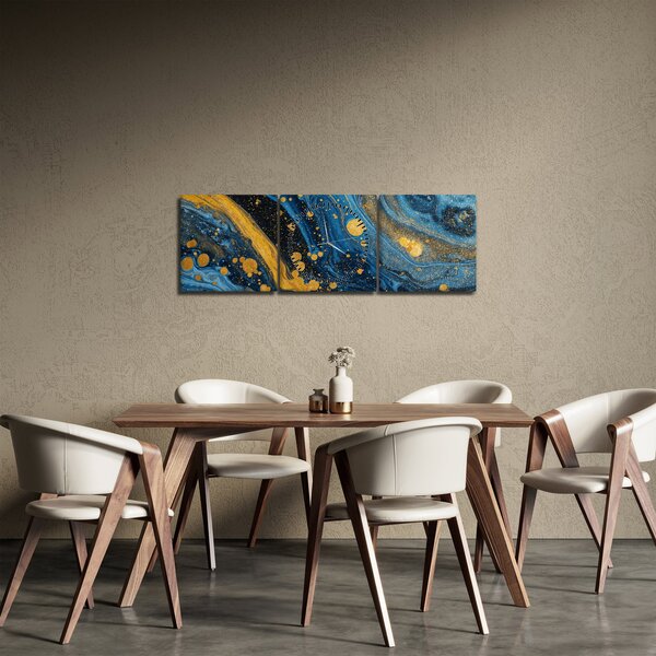 Tablou - Abstracție albastră cu aur (cu ceas) (90x30 cm)