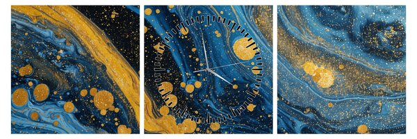Tablou - Abstracție albastră cu aur (cu ceas) (90x30 cm)