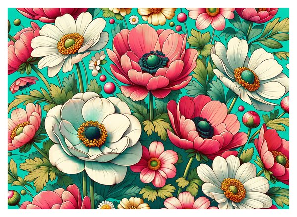 Tablou pe sticlă - Flori pe fundal albastru (70x50 cm)