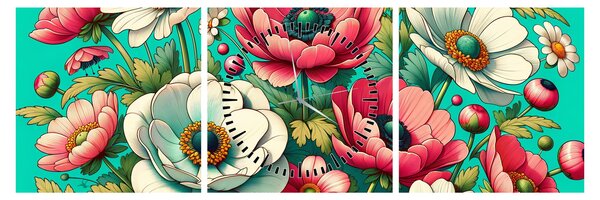 Tablou - Flori pe fundal albastru (cu ceas) (90x30 cm)