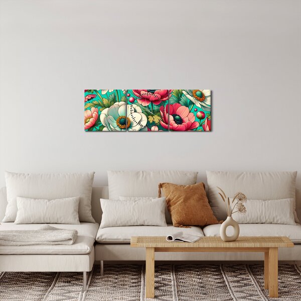 Tablou - Flori pe fundal albastru (cu ceas) (90x30 cm)
