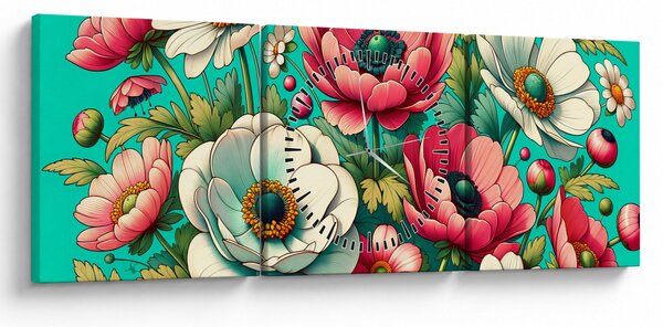 Tablou - Flori pe fundal albastru (cu ceas) (90x30 cm)