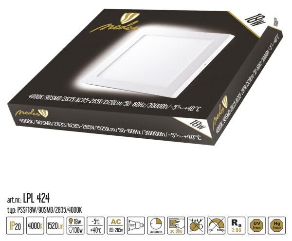 Panou LED aplicat LED/18W/4000K pătrat