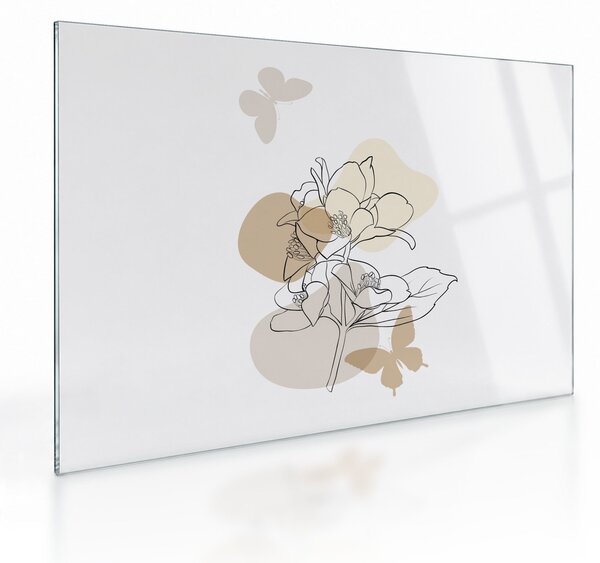 Tablou pe sticlă - Flori bej cu fluture N⁰1 (70x50 cm)
