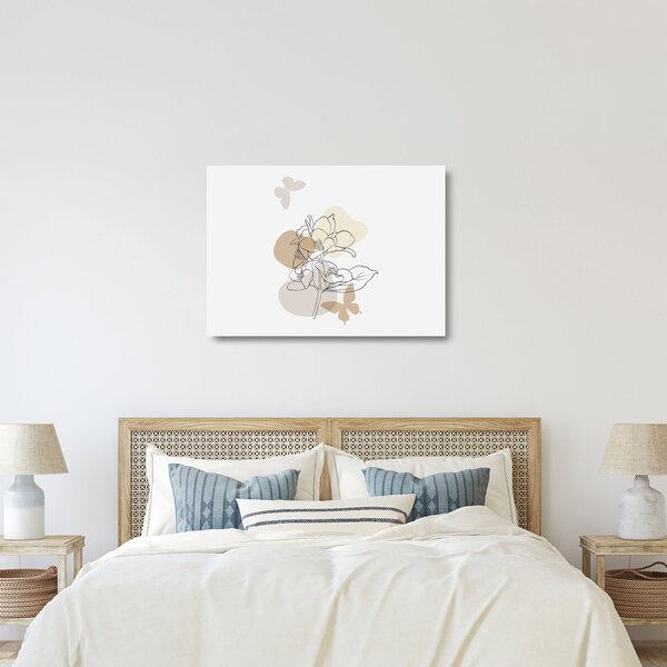 Tablou pe sticlă - Flori bej cu fluture N⁰1 (70x50 cm)