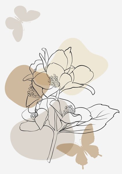 Tablou pe sticlă - Flori bej cu fluture N⁰1 (70x50 cm)