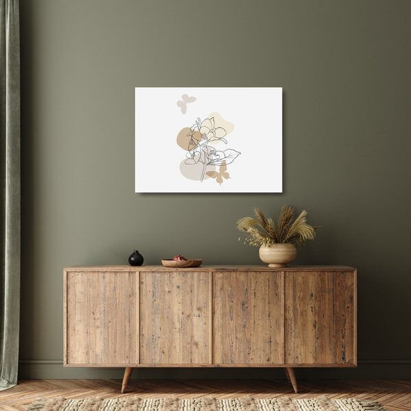 Tablou pe sticlă - Flori bej cu fluture N⁰1 (70x50 cm)