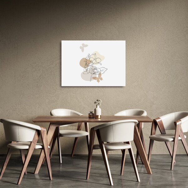 Tablou pe sticlă - Flori bej cu fluture N⁰1 (70x50 cm)