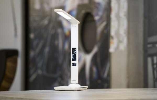 Immax 08934L - LED lampa de masa cu display KINGFISHER LED/9W/230V alba