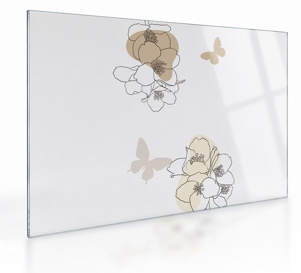 Tablou pe sticlă - Flori bej cu fluture N⁰2 (70x50 cm)