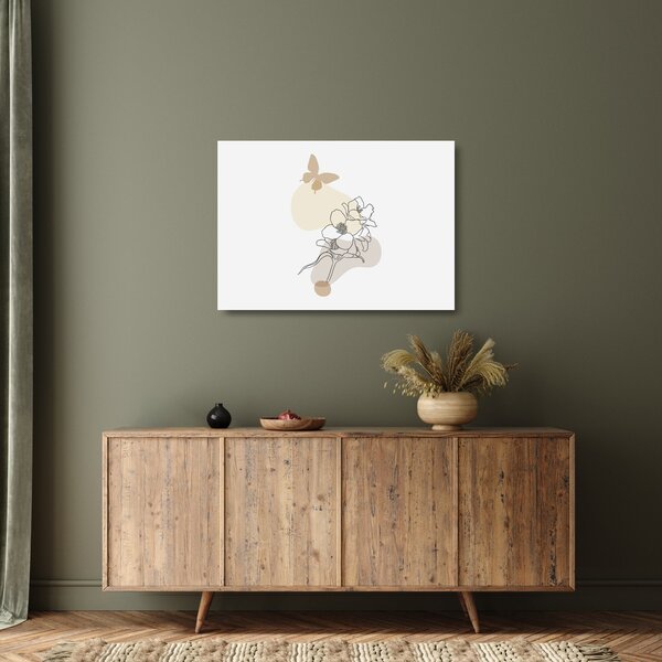 Tablou pe sticlă - Flori bej cu fluture N⁰3 (70x50 cm)