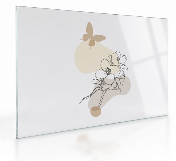 Tablou pe sticlă - Flori bej cu fluture N⁰3 (70x50 cm)