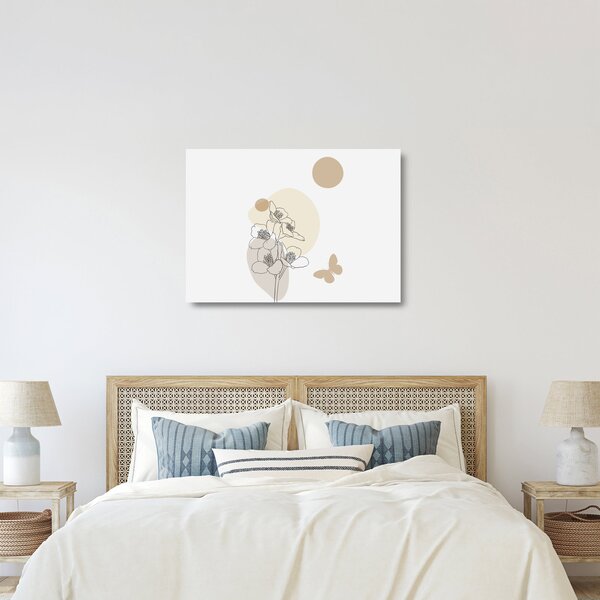 Tablou pe sticlă - Flori bej cu fluture N⁰4 (70x50 cm)