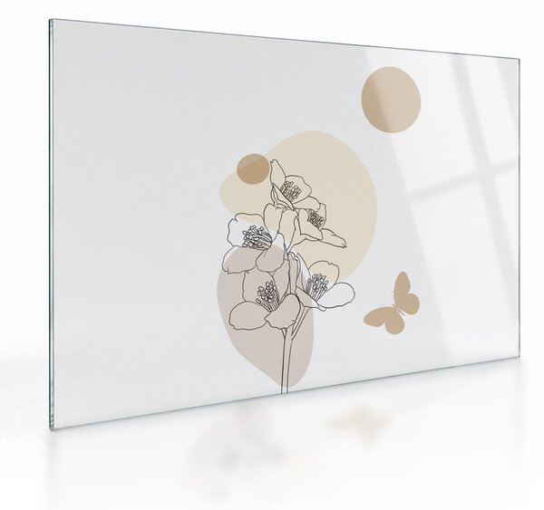 Tablou pe sticlă - Flori bej cu fluture N⁰4 (70x50 cm)