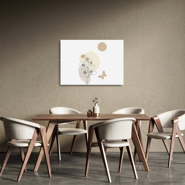 Tablou pe sticlă - Flori bej cu fluture N⁰4 (70x50 cm)