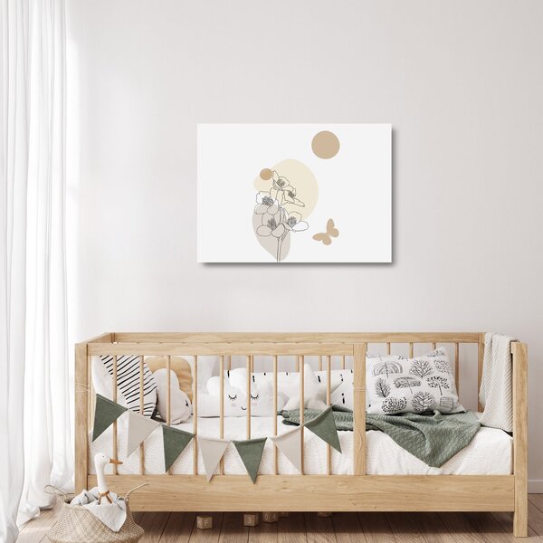 Tablou pe sticlă - Flori bej cu fluture N⁰4 (70x50 cm)